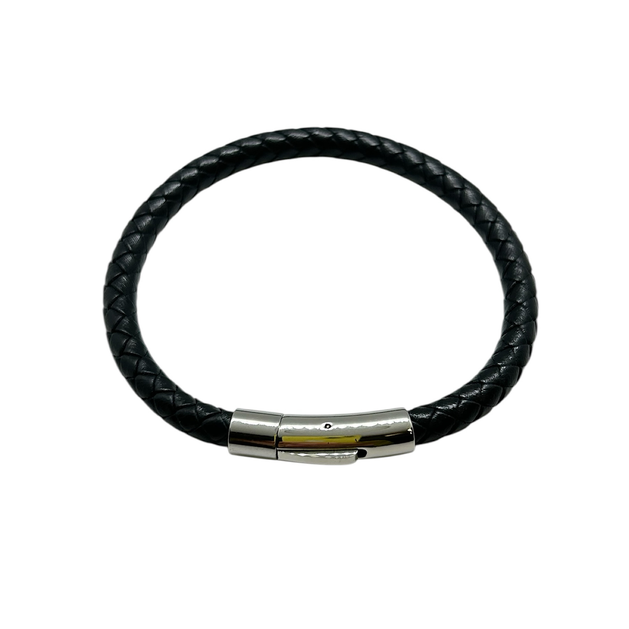 Leather bracelet with steel clasp.